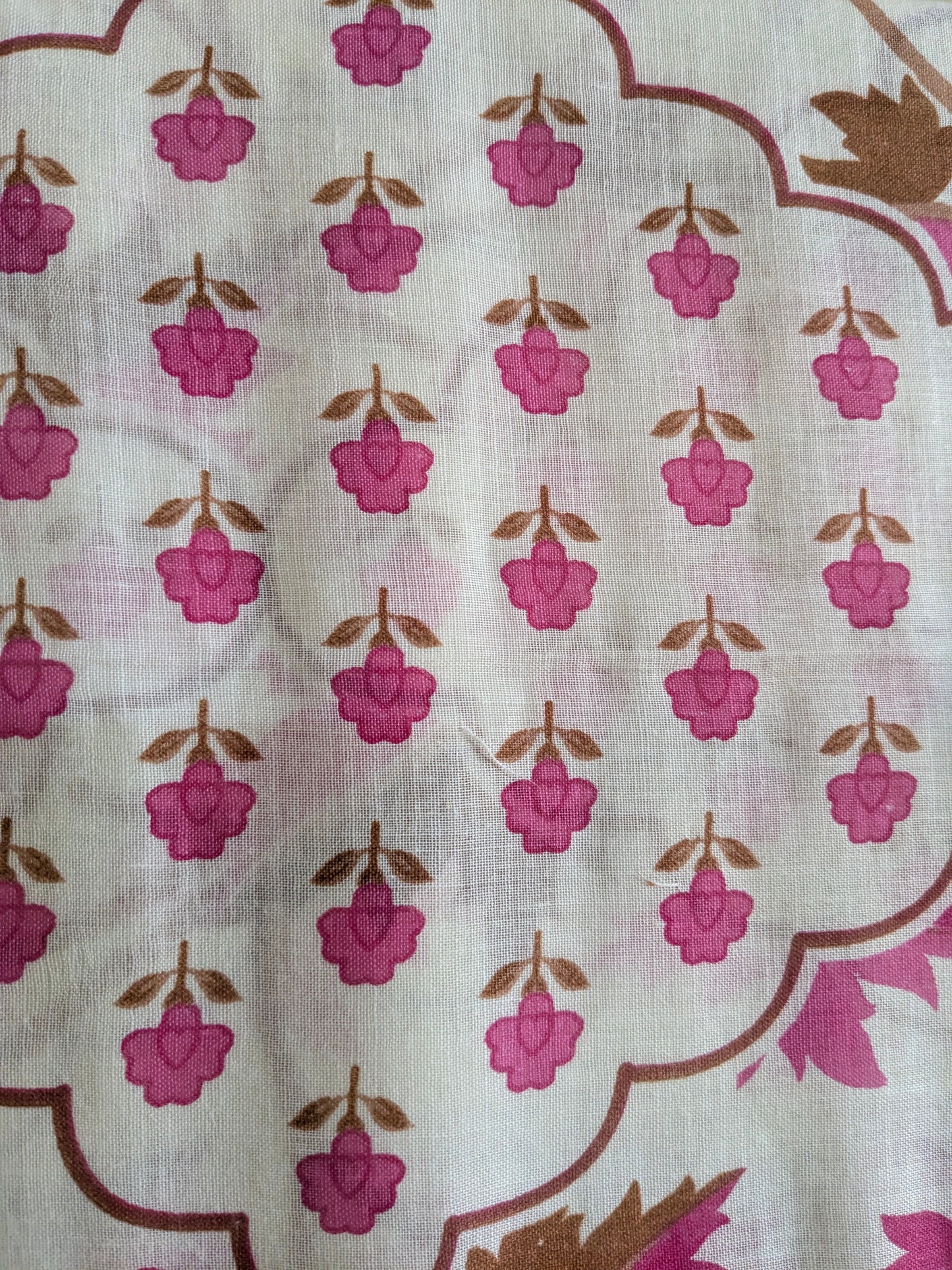 Pure Cotton Dupatta with Floral Print, Pink Maple Leaf Pattern, Scalloped Border, Tassel Details