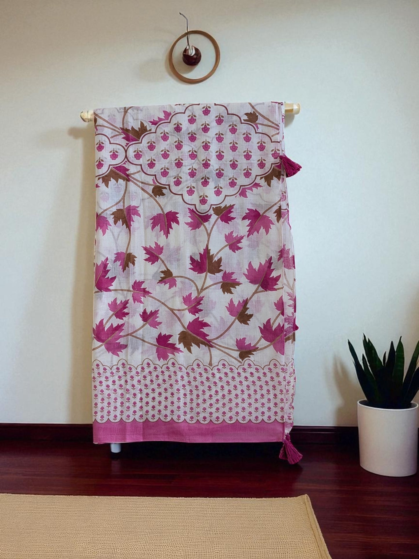 Pure Cotton Dupatta with Floral Print, Pink Maple Leaf Pattern, Scalloped Border, Tassel Details