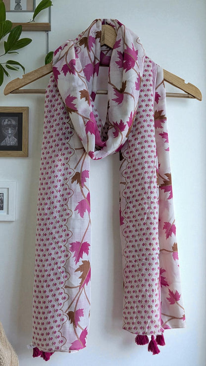 Pure Cotton Dupatta with Floral Print, Pink Maple Leaf Pattern, Scalloped Border, Tassel Details
