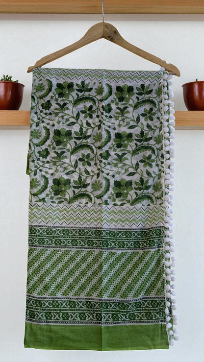 Vivid Threads Self Design Pure Cotton Printed Fabric With Pompom Lace Scarf For Women