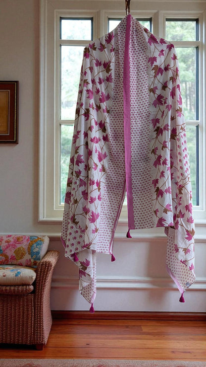 Pure Cotton Dupatta with Floral Print, Pink Maple Leaf Pattern, Scalloped Border, Tassel Details