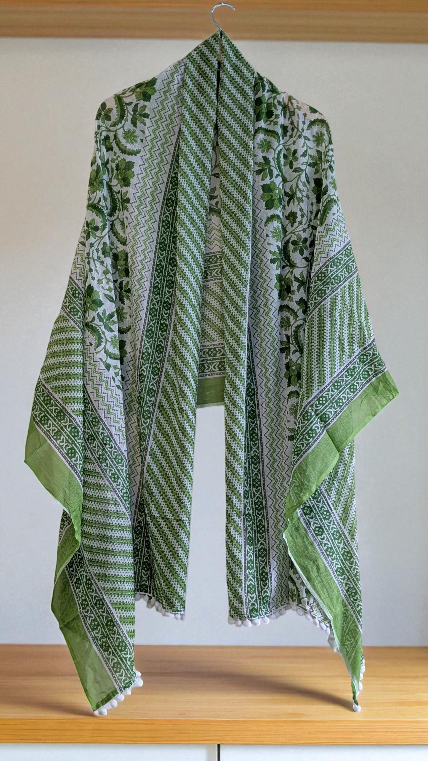 Vivid Threads Self Design Pure Cotton Printed Fabric With Pompom Lace Scarf For Women