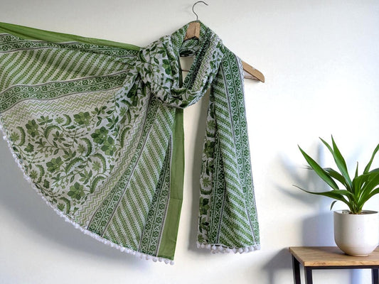 Vivid Threads Self Design Pure Cotton Printed Fabric With Pompom Lace Scarf For Women