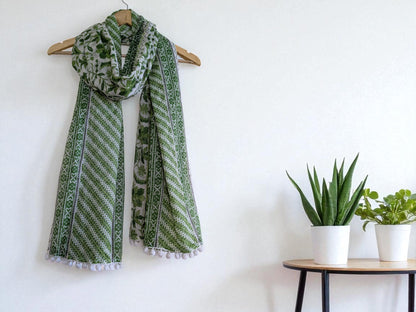 Vivid Threads Self Design Pure Cotton Printed Fabric With Pompom Lace Scarf For Women